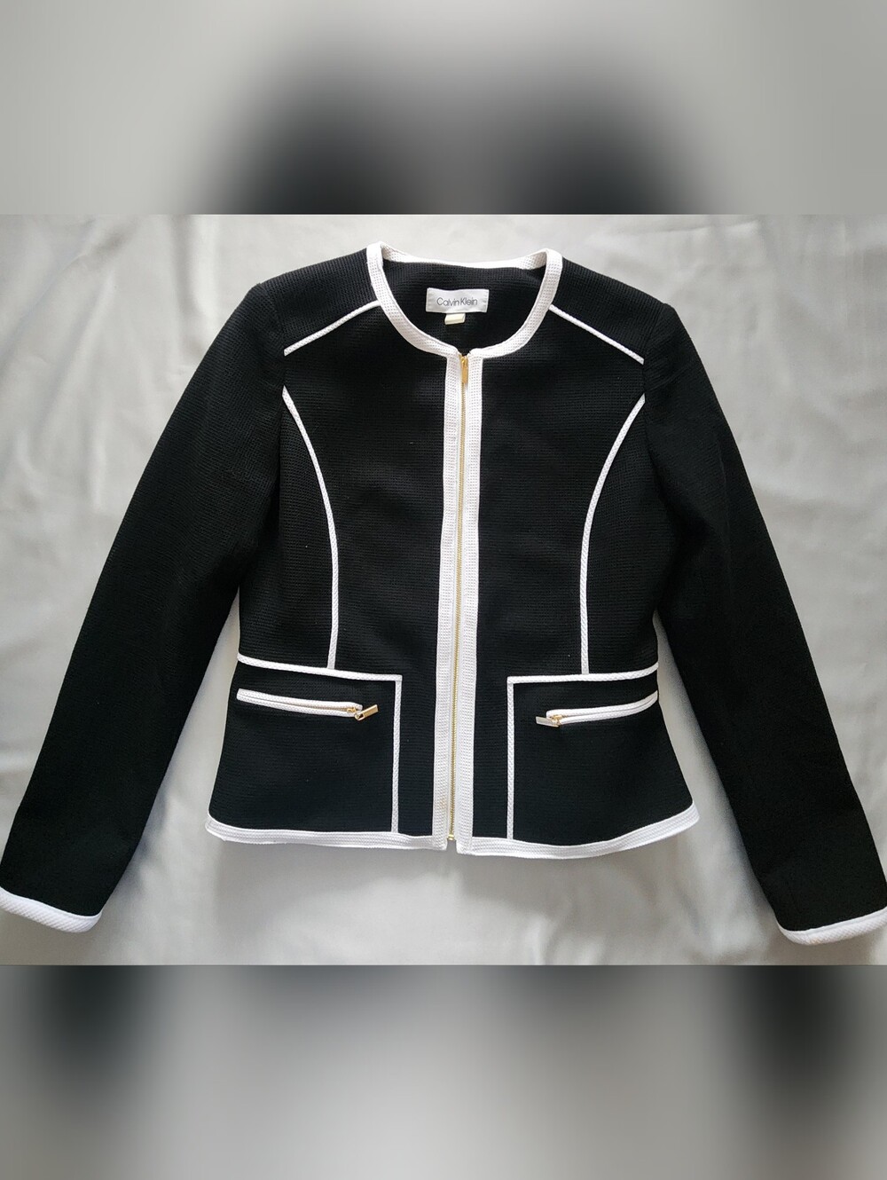 Calvin Klein Black Textured Piped-Trim Full Zip Jacket Blazer - Size 6